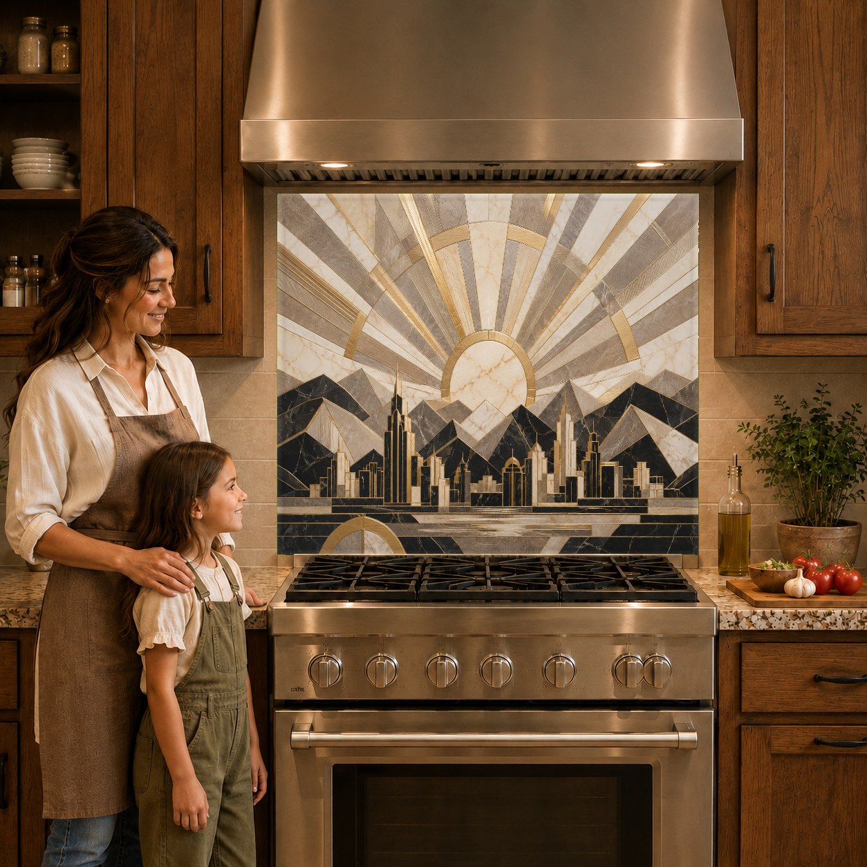 Luxury Art Deco style kitchen backsplash panel featuring a stylized sunset horizon behind a stainless steel stove.