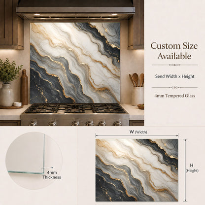 Contemporary kitchen island wet bar area featuring a stylish marble-style glass backsplash.