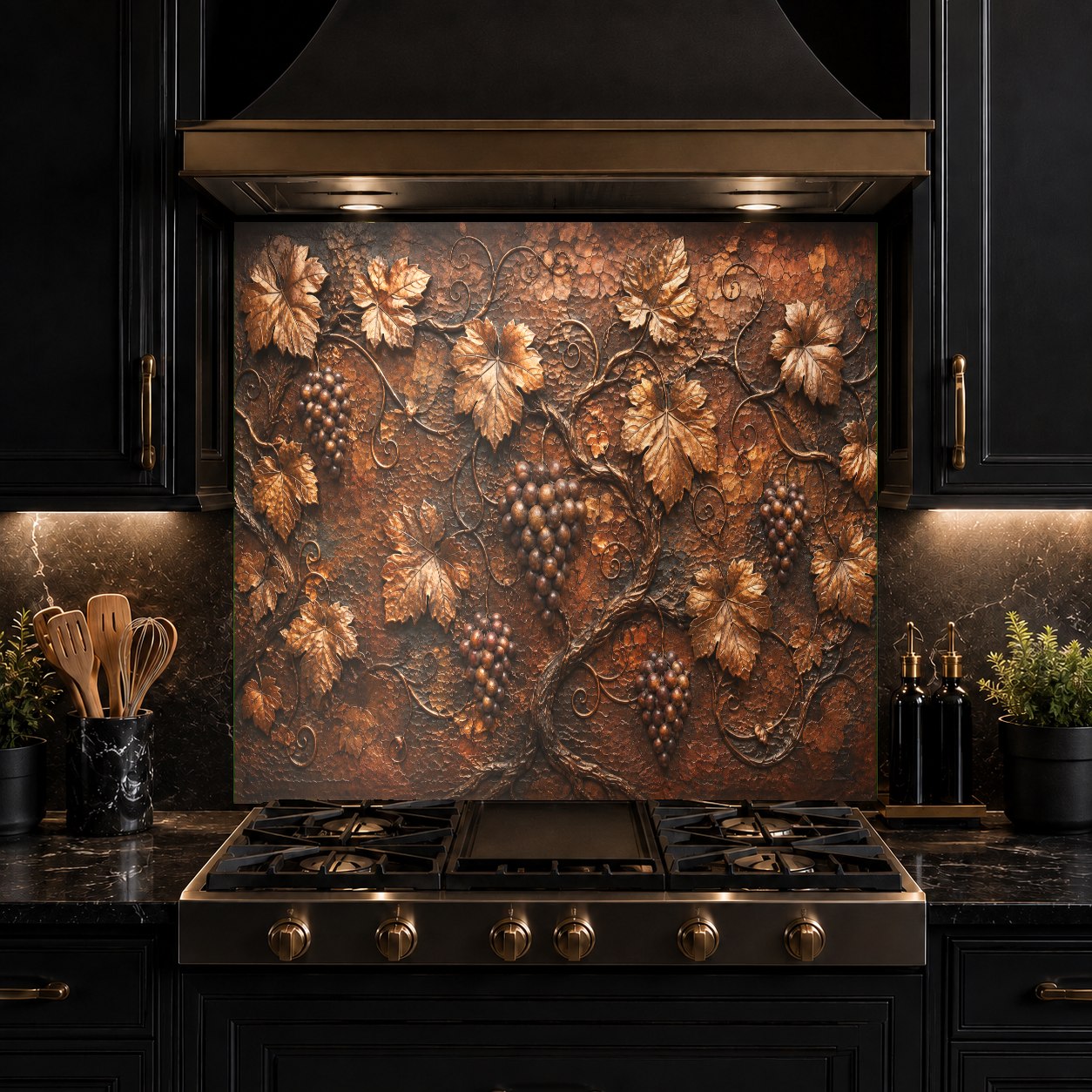 Custom Bronze Vineyard glass backsplash installed in a contemporary home kitchen