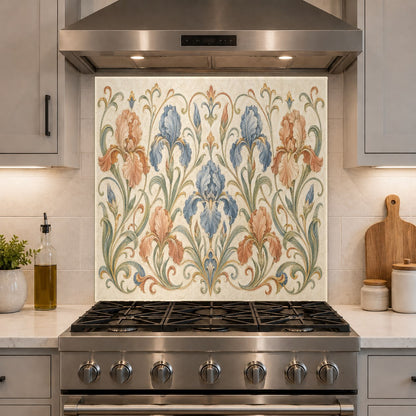 Sleek and easy-to-clean floral beige tempered glass kitchen backsplash in a cozy cottage kitchen.