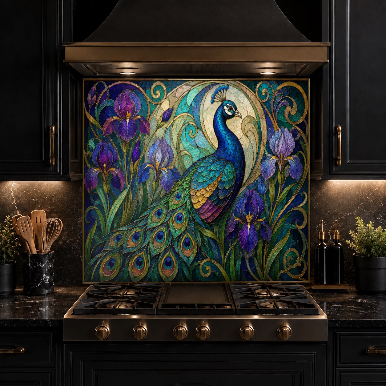 Elegant peacock tempered glass backsplash panel in a contemporary bar area