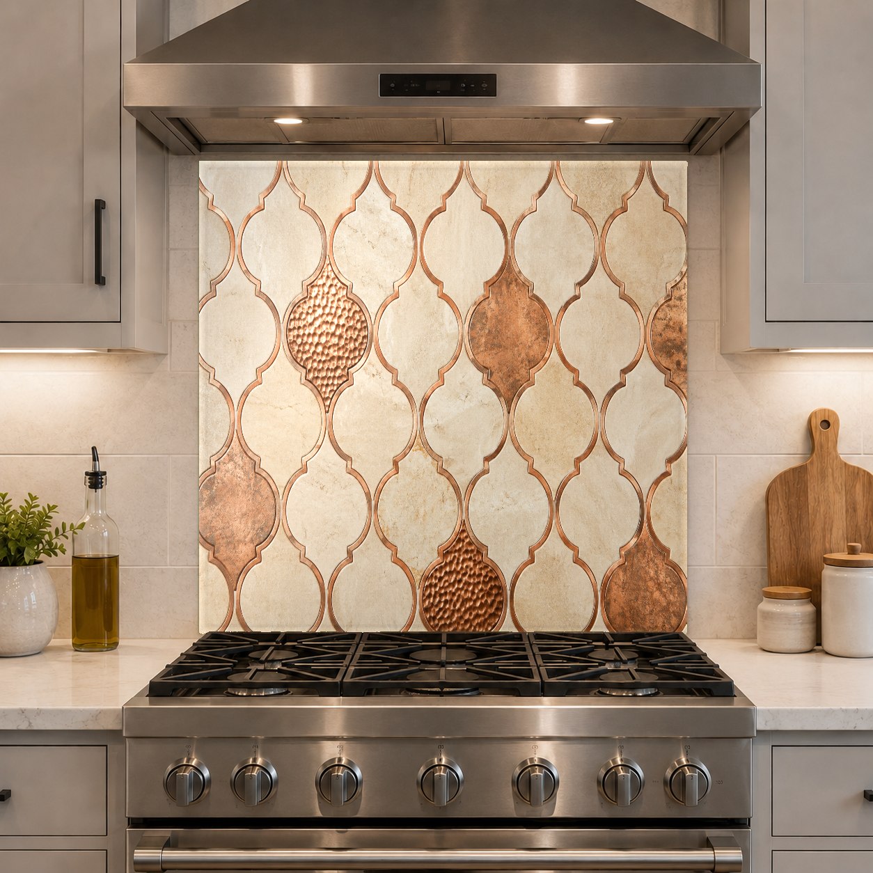 Industrial-style kitchen with a copper geometric glass backsplash panel behind the main cooktop.