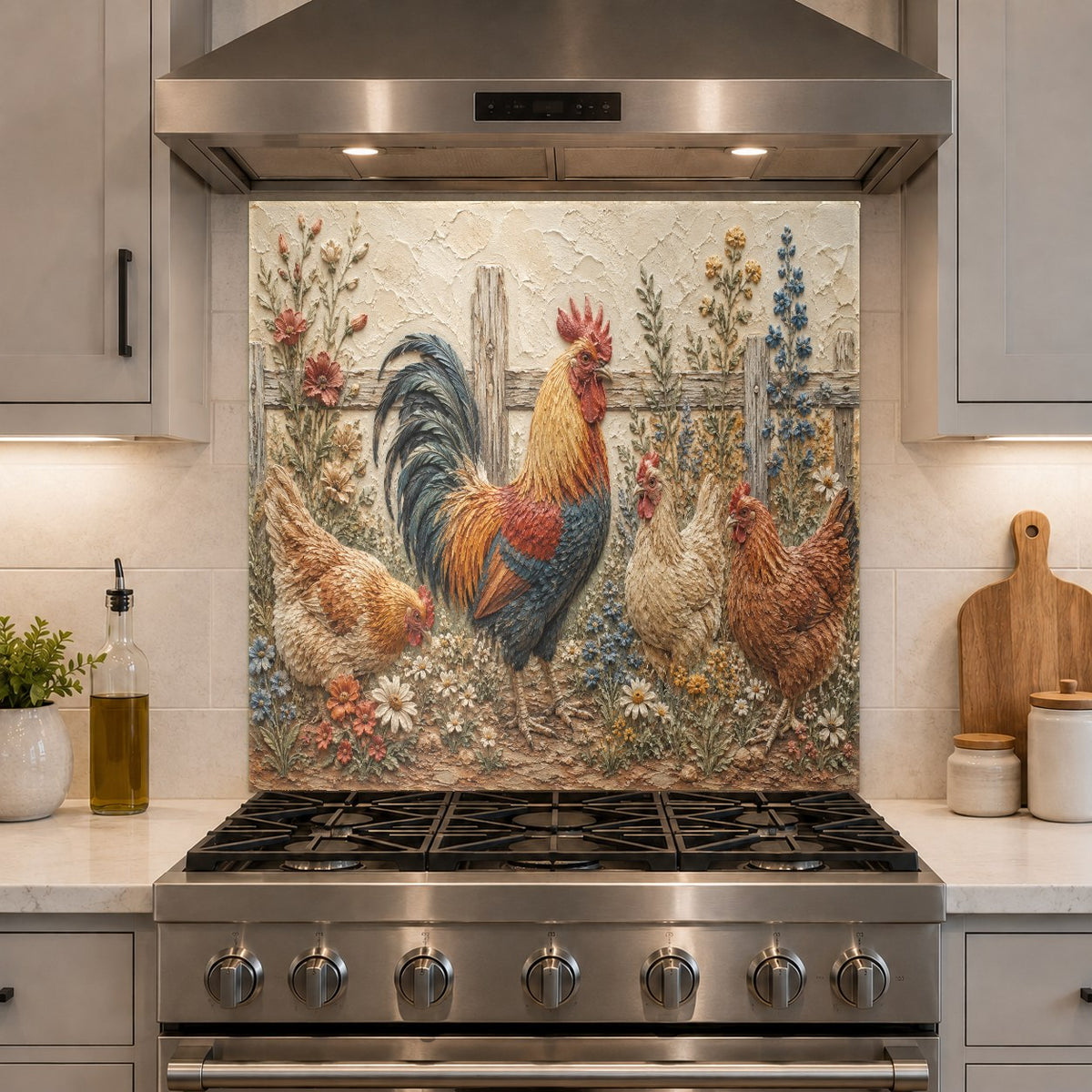 Rooster art glass backsplash installed as a feature wall behind range