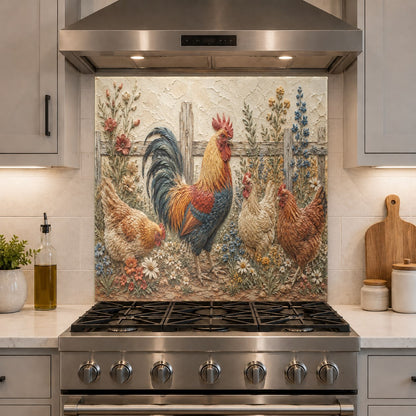 Rooster art glass backsplash installed as a feature wall behind range
