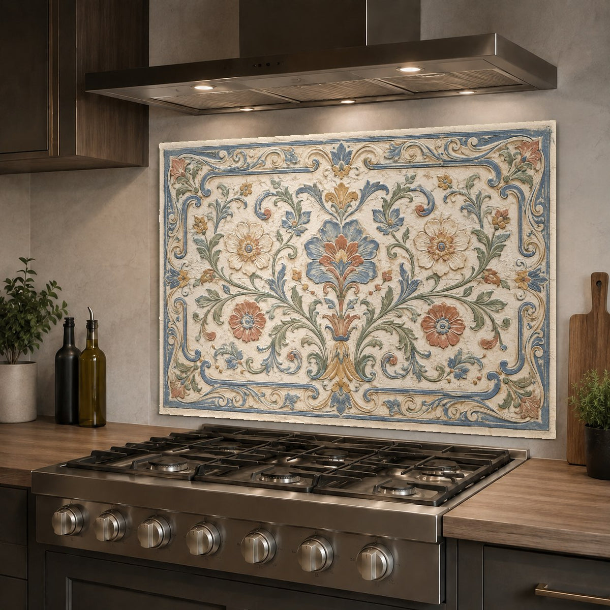 Easy-to-clean tempered glass backsplash with a classic tile design behind a wet bar sink.