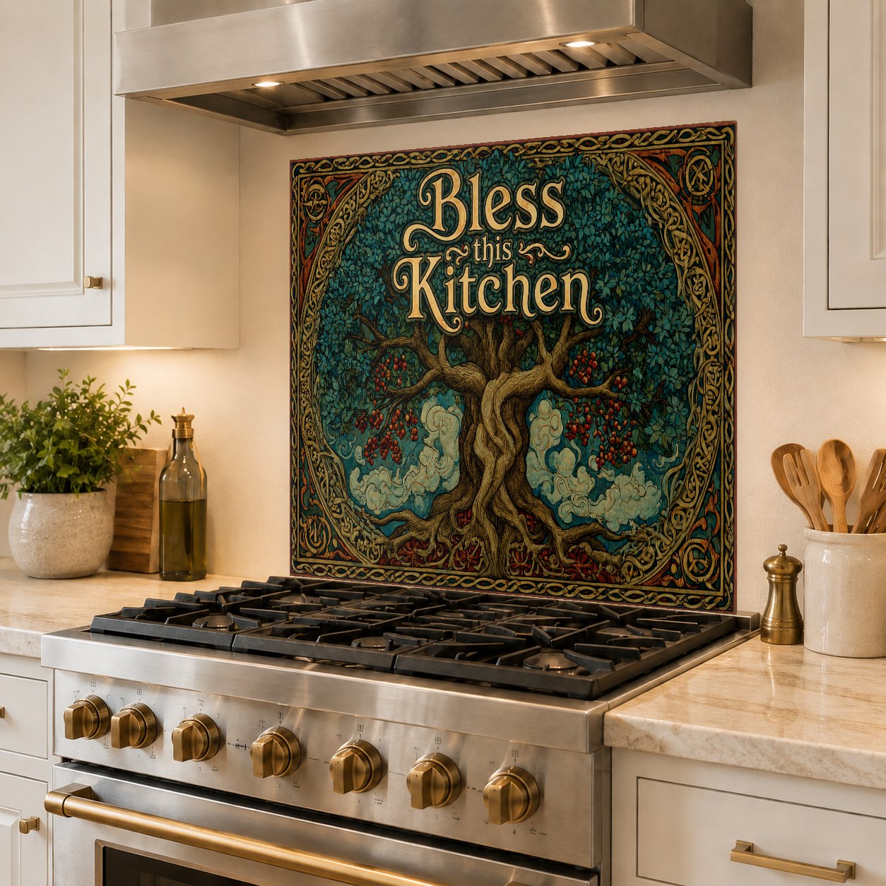Kitchen glass backsplash featuring Bless This Kitchen design behind the sink wall