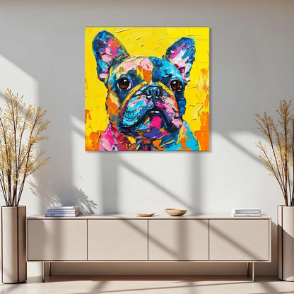 Colorful abstract painting of a dog on a wall above a modern cabinet.