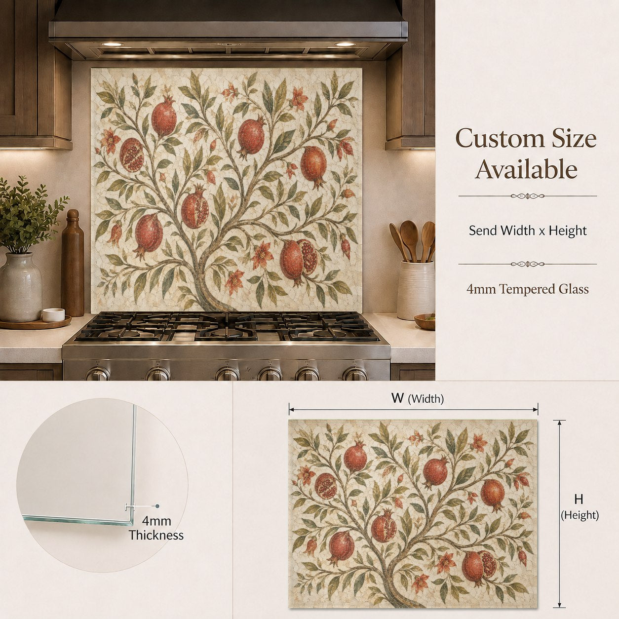 Vibrant fruit-themed tempered glass backsplash mounted behind a cooktop in a contemporary kitchen design.