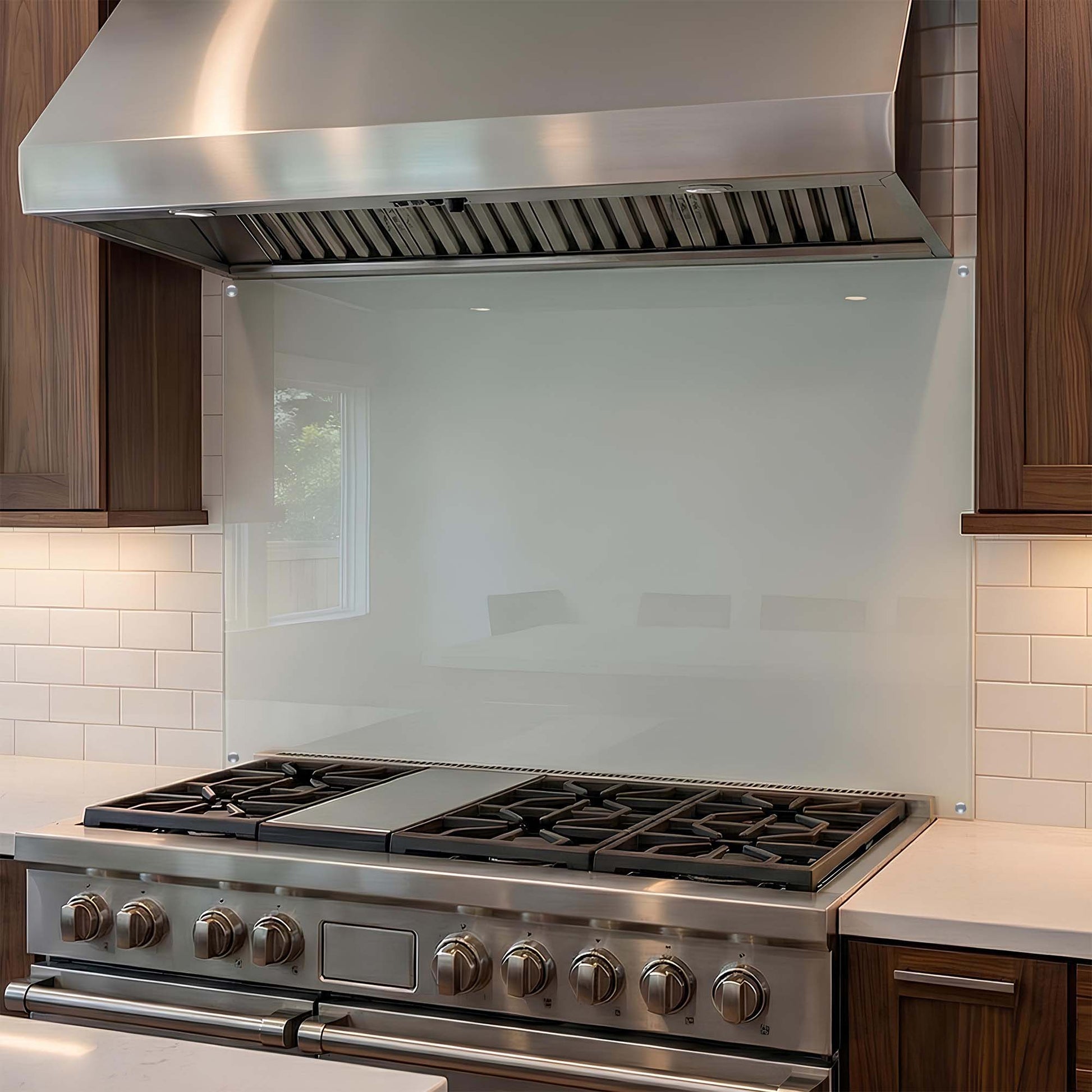 Stainless steel range with glass backsplash in a kitchen setting