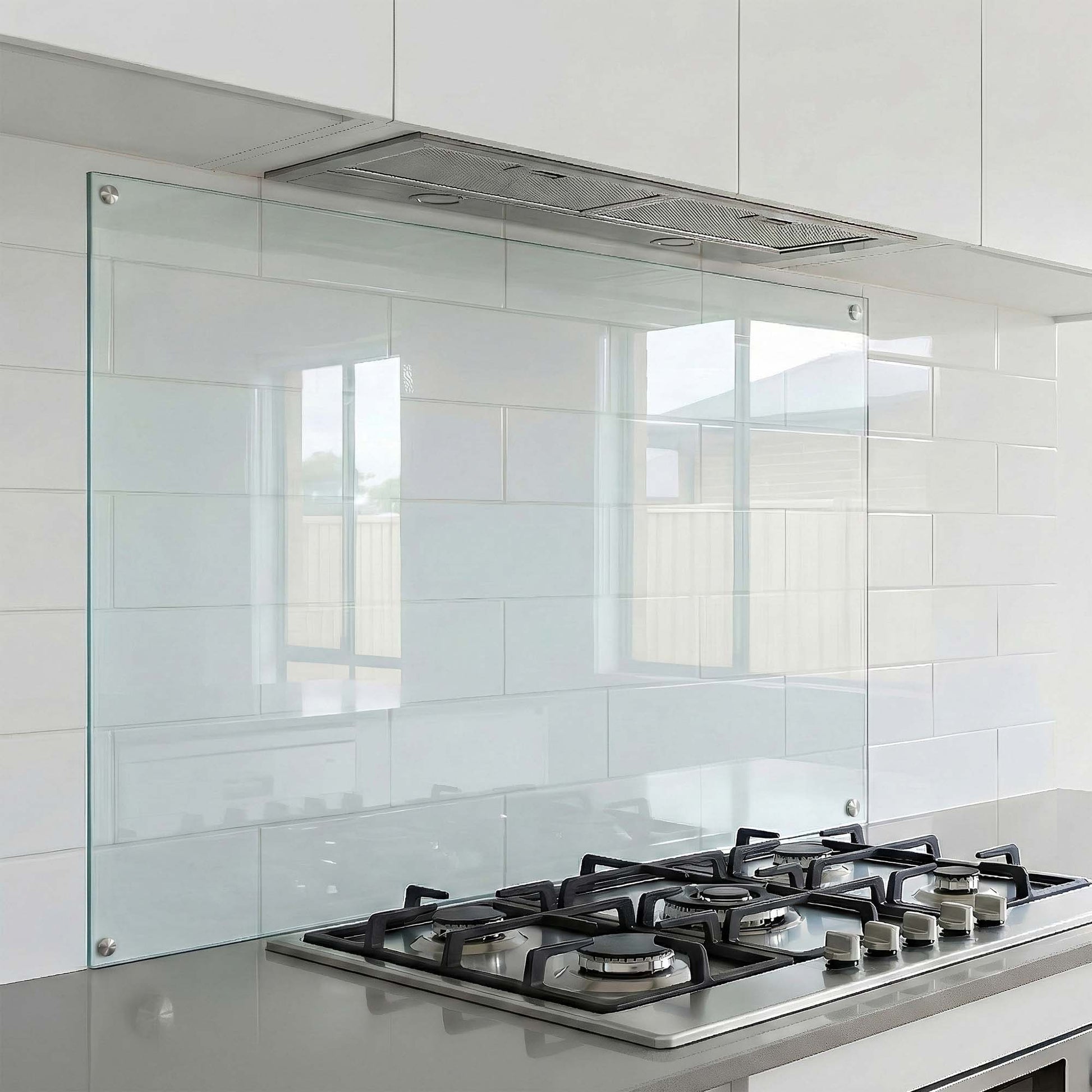 Modern kitchen with gas stove and clear glass backsplash