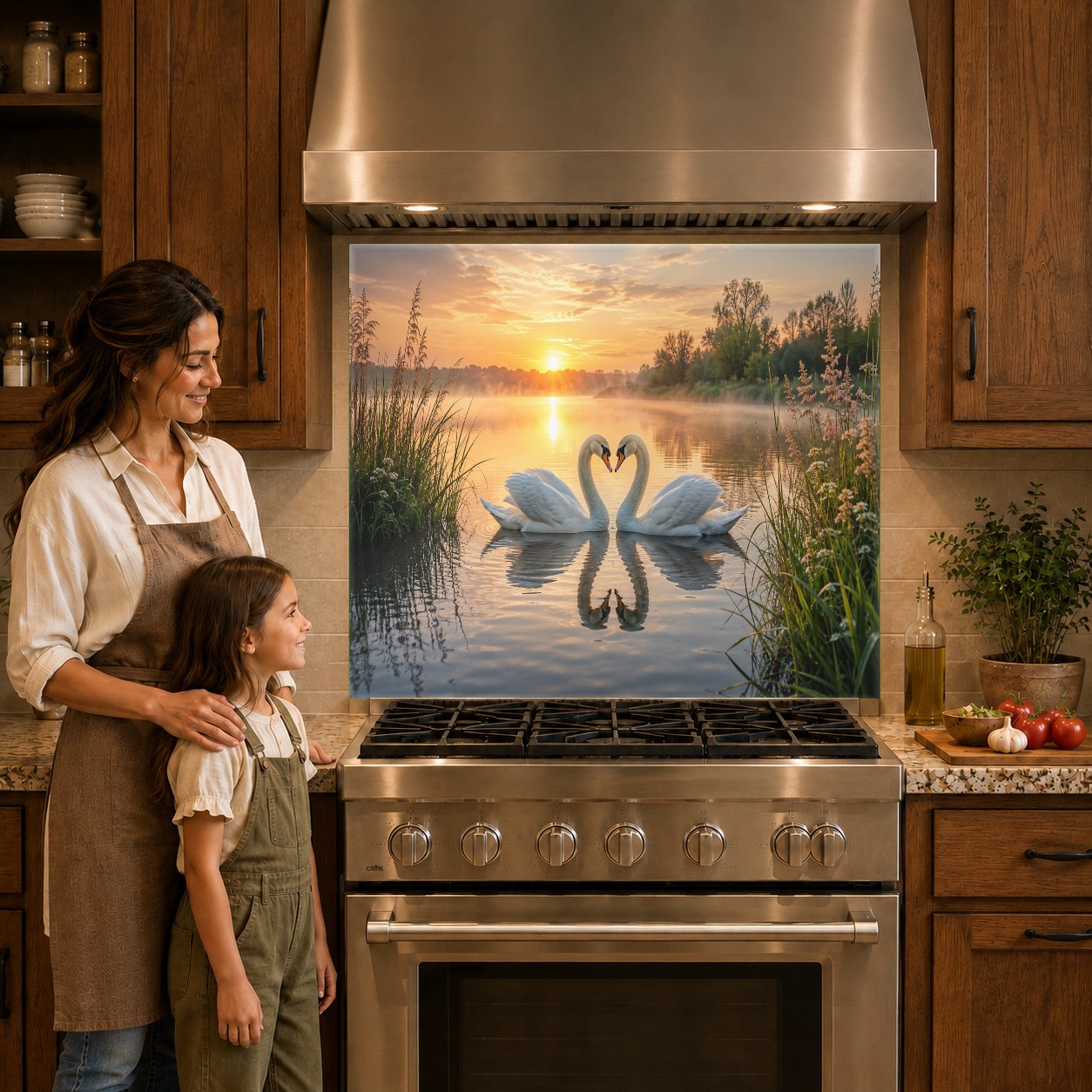 Scenic lake-themed glass backsplash panel protecting the wall behind an induction cooktop.