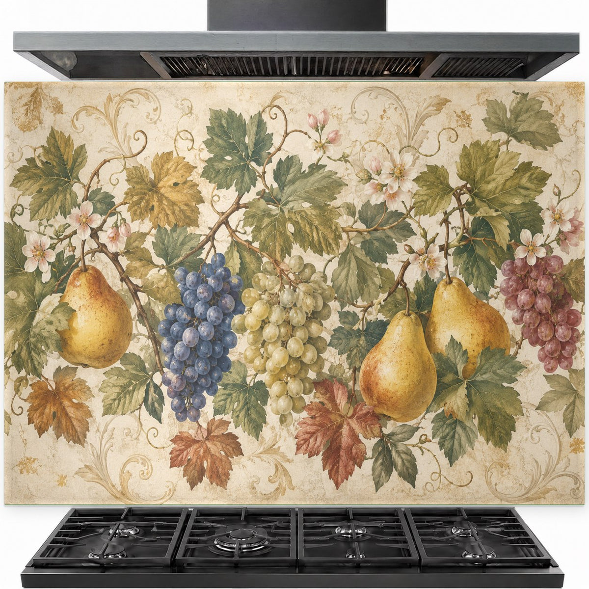 Citrus fruit tempered glass backsplash installed behind a professional gas stove in a bright white kitchen.