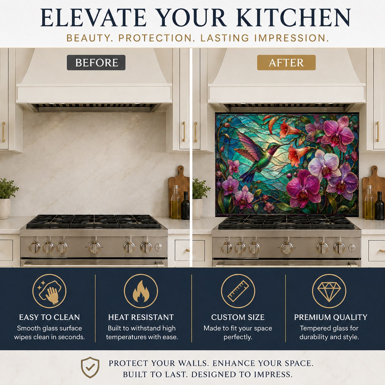 Elegant floral tempered glass backsplash serving as a heat-resistant stove guard in a contemporary kitchen.