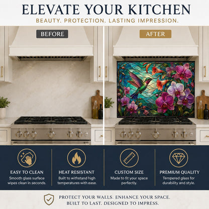 Elegant floral tempered glass backsplash serving as a heat-resistant stove guard in a contemporary kitchen.