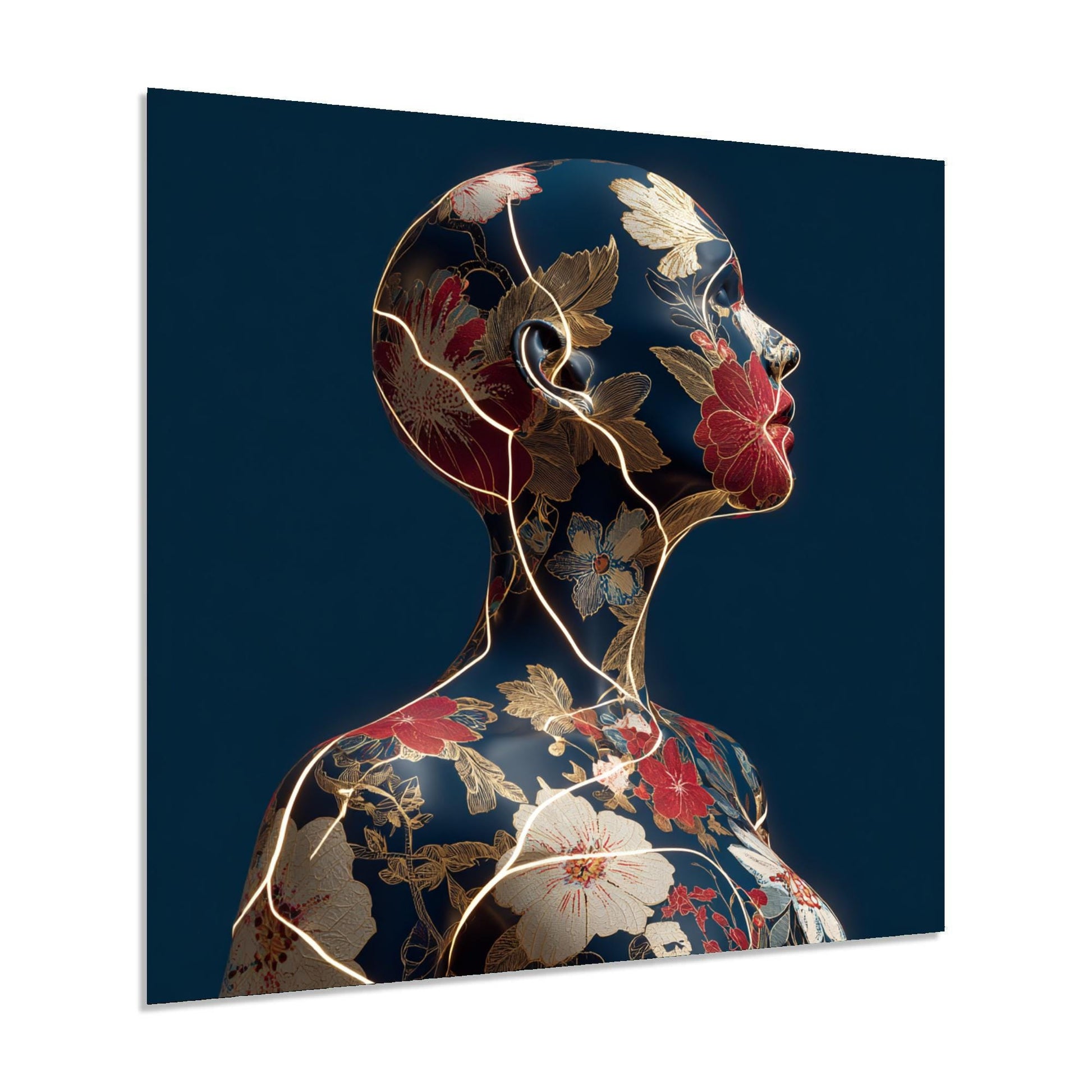Artistic depiction of a woman's profile with floral patterns on a dark blue background