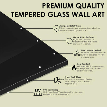 Tempered glass panel with features listed on a beige background