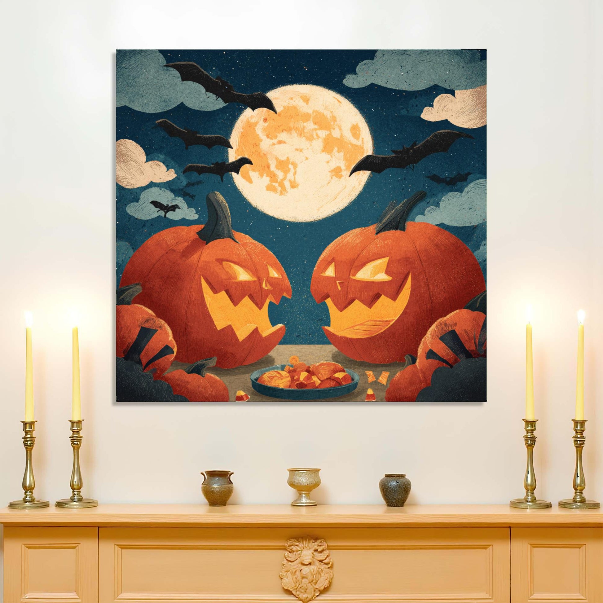 Halloween-themed painting of jack-o'-lanterns and a full moon on a wall above a wooden cabinet with decorative items.