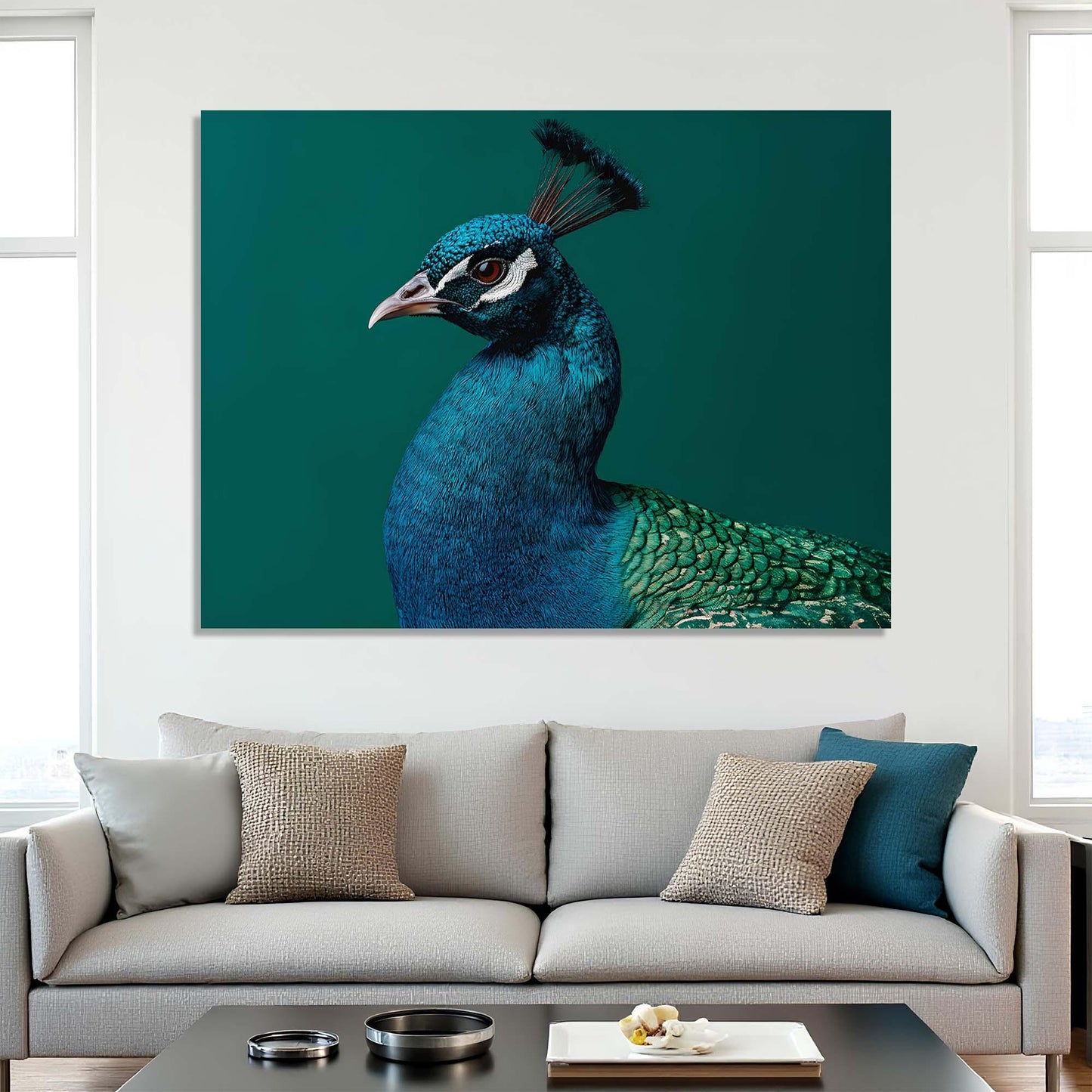Framed artwork of a peacock on a wall above a sofa.