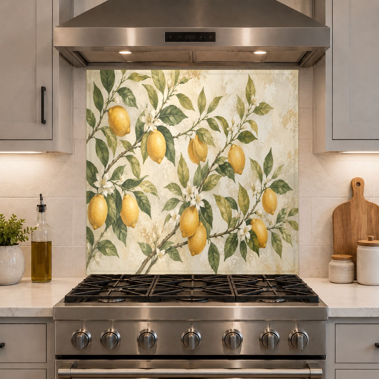 Custom sized lemon grove glass backsplash panel protecting the wall in a contemporary kitchen bar area.