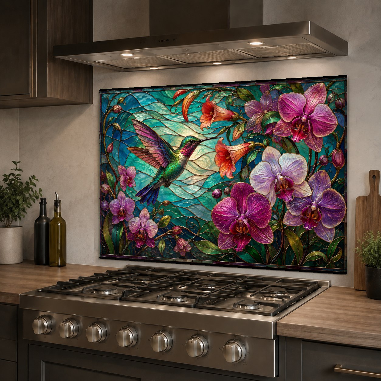 Vibrant hummingbird and orchid kitchen backsplash panel mounted on a white tile wall behind a stainless steel sink.