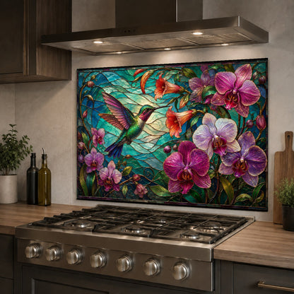 Vibrant hummingbird and orchid kitchen backsplash panel mounted on a white tile wall behind a stainless steel sink.