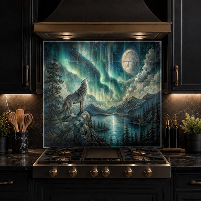 Heat-resistant glass backsplash with aurora wolf design mounted behind stove