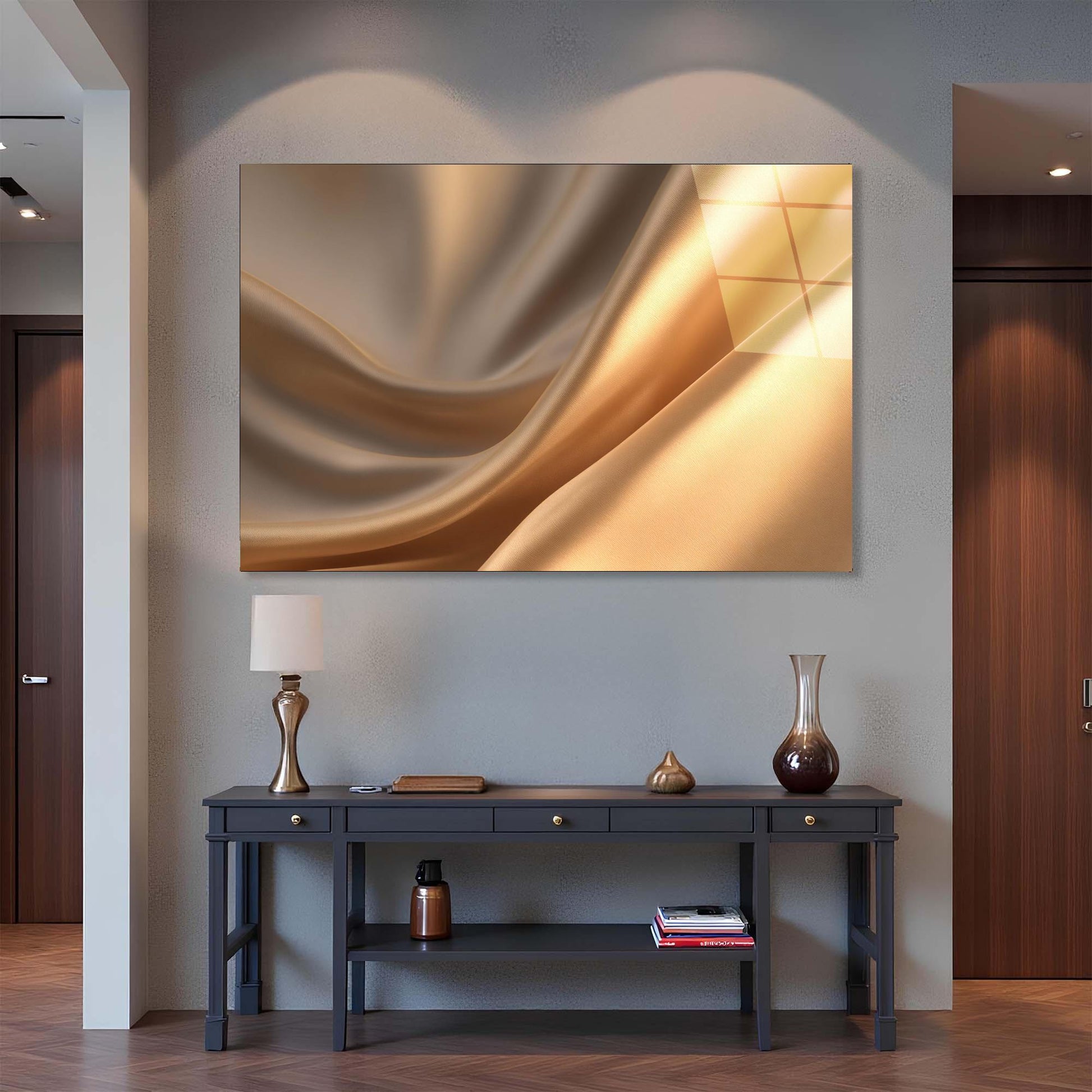 Modern interior with a console table and abstract wall art