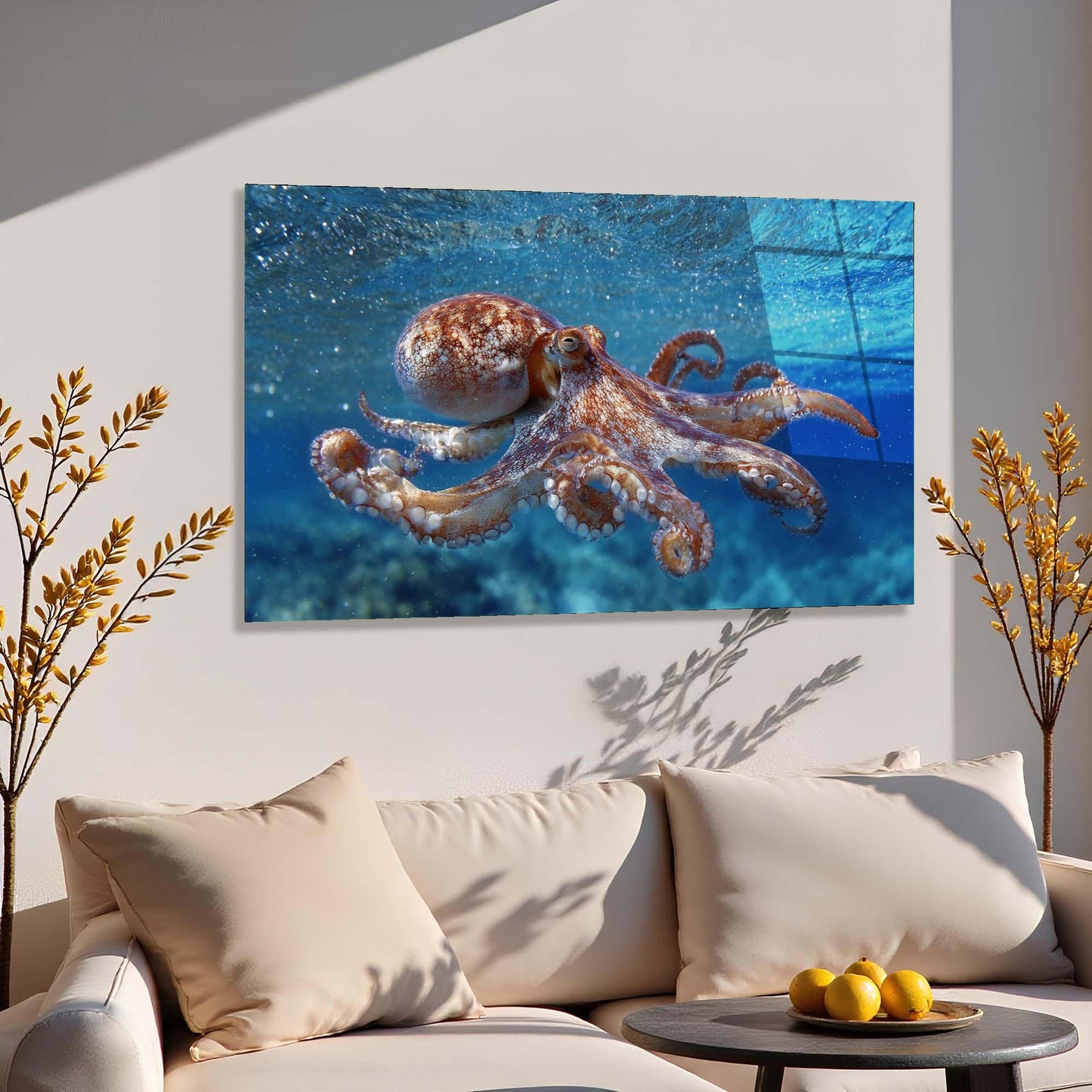 Living room with a painting of an octopus on the wall above a beige sofa.