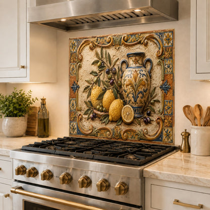 Vibrant yellow lemon glass backsplash protecting the wall behind a kitchen sink