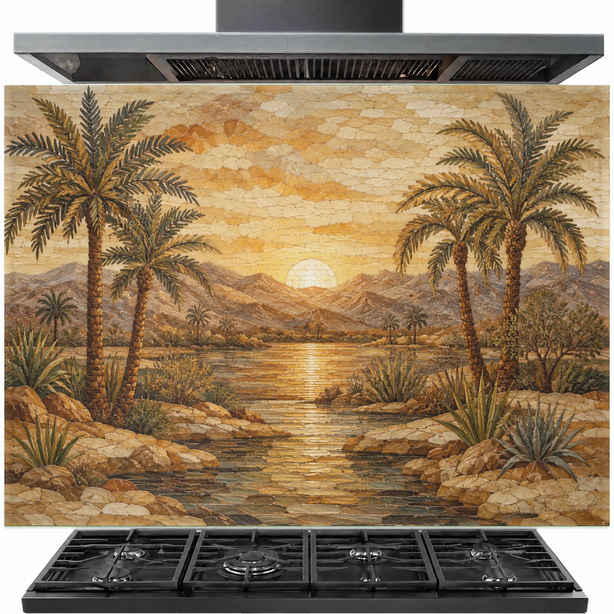 Deco Sunrise tempered glass backsplash installed behind a modern gas stove in a luxury kitchen.