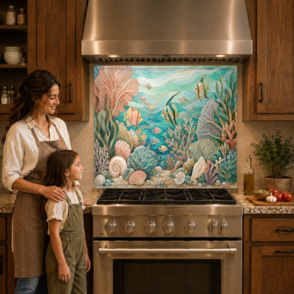 Blue waves glass backsplash panel mounted behind a stainless steel cooktop