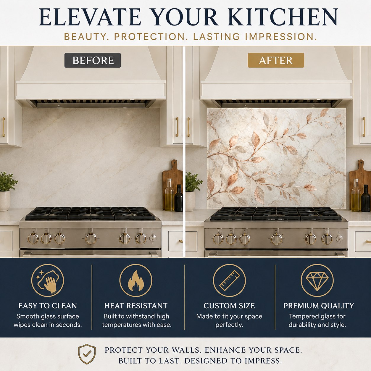 Elegant copper branch patterned glass backsplash panel mounted on the wall behind a sleek induction cooktop.