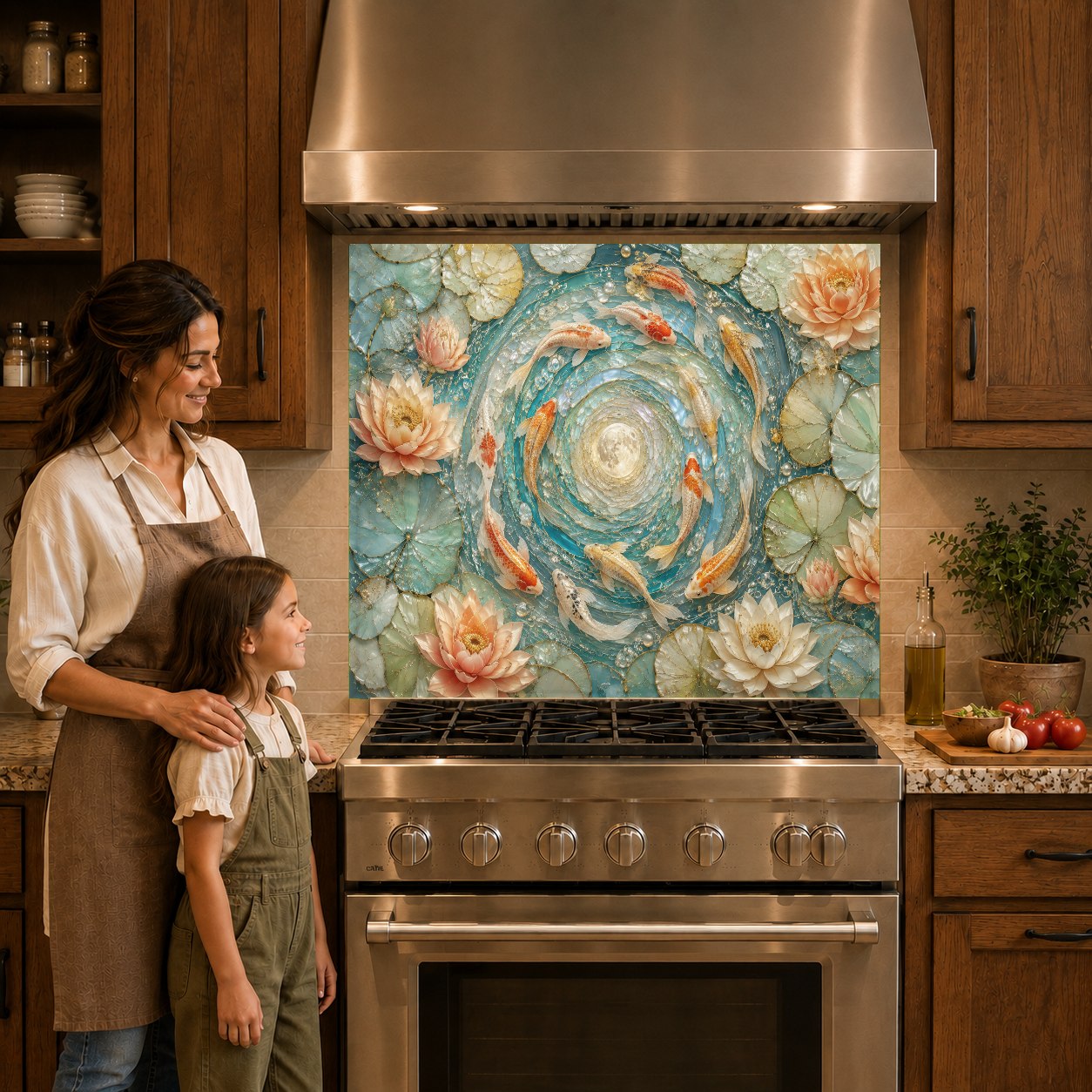 Zen-style kitchen backsplash panel featuring golden koi fish swimming behind a sleek induction cooktop.