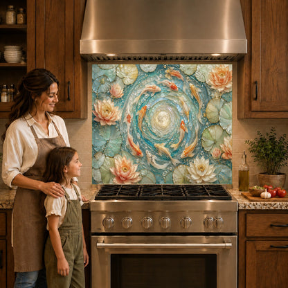 Zen-style kitchen backsplash panel featuring golden koi fish swimming behind a sleek induction cooktop.
