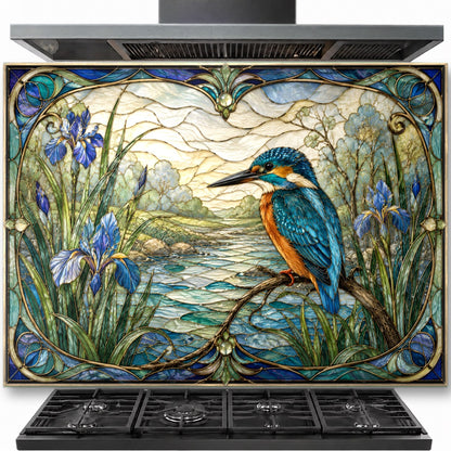 Bird River tempered glass backsplash installed behind a stainless steel gas stove