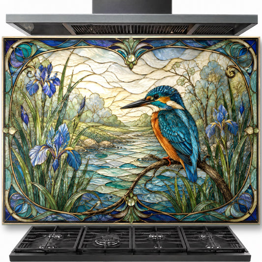 Bird River tempered glass backsplash installed behind a stainless steel gas stove