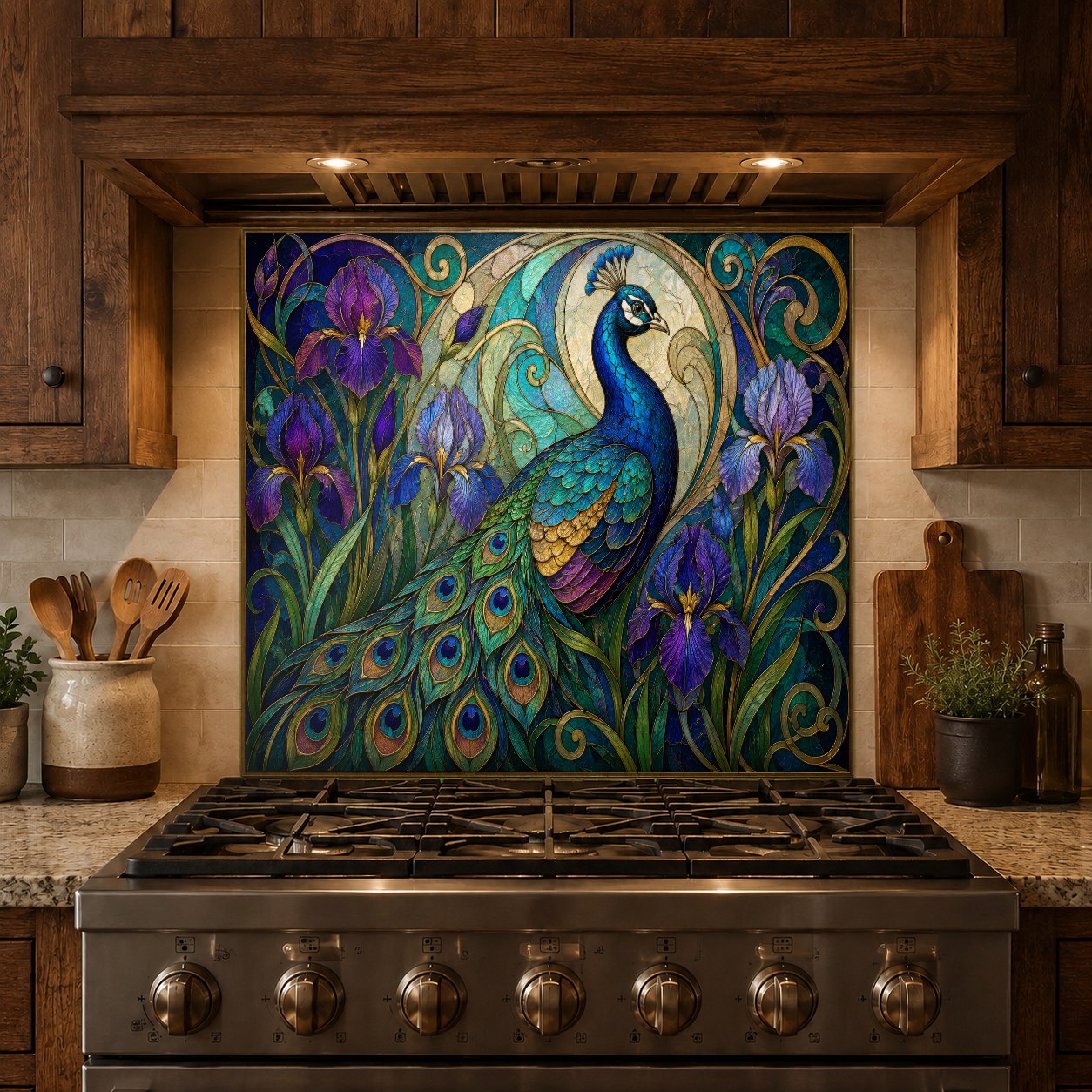 Full kitchen view showing iris peacock tempered glass backsplash installation