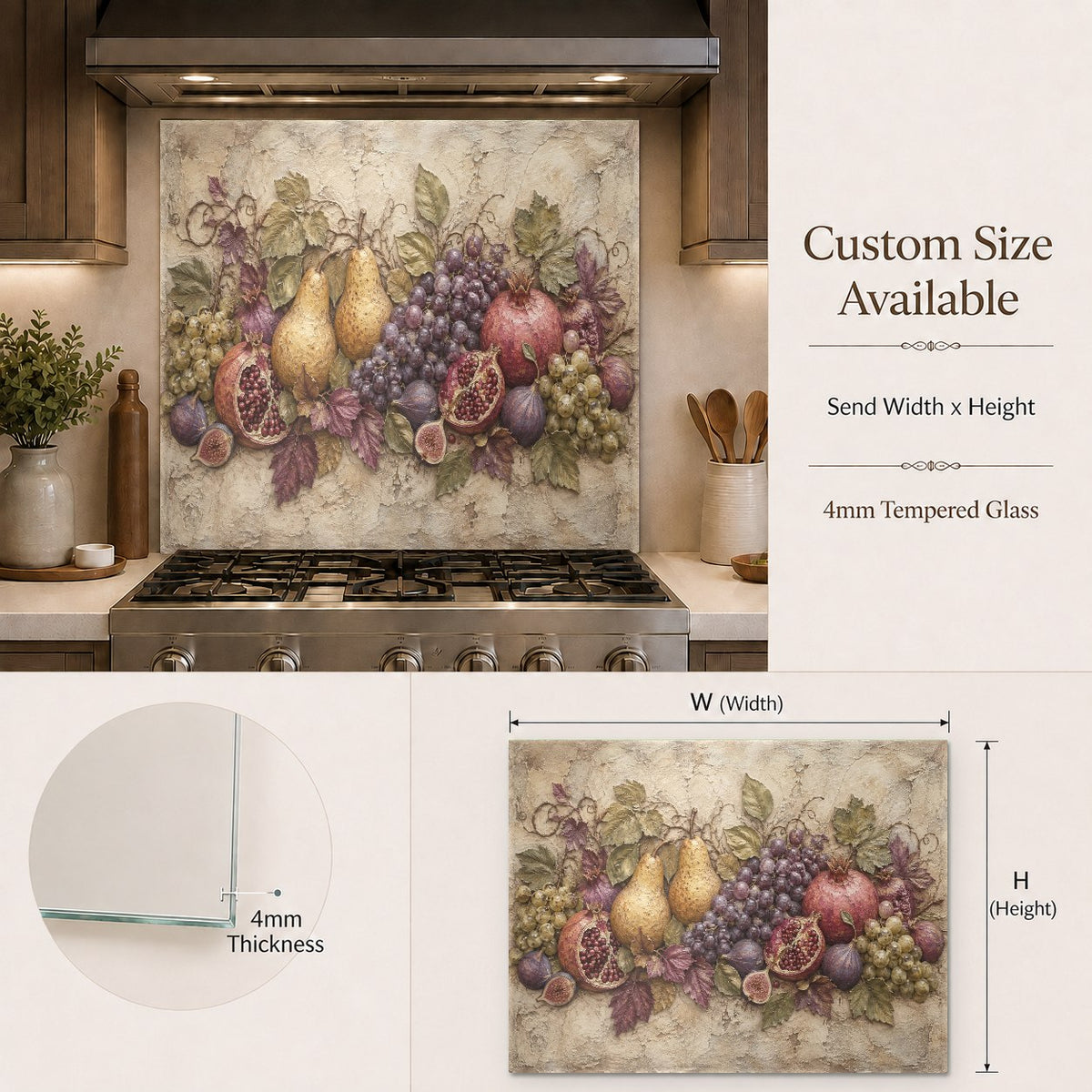 Colorful fruit glass backsplash behind kitchen prep counter