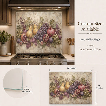 Colorful fruit glass backsplash behind kitchen prep counter