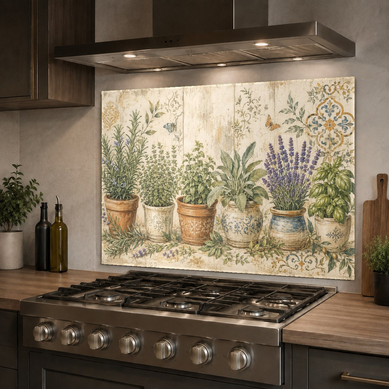 Close-up of a heat-resistant pot flowers tempered glass backsplash panel in a bright cottage-style kitchen.