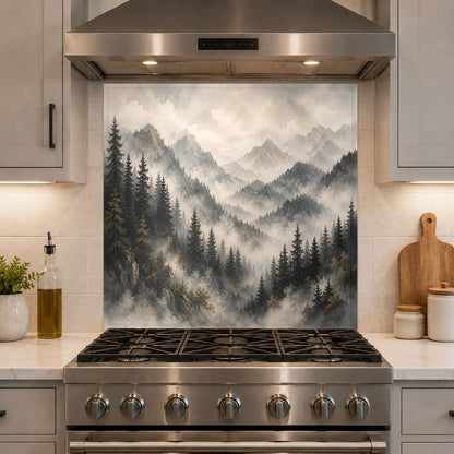Easy-to-clean glass backsplash with a nature-inspired forest veil design behind a kitchen cooktop.
