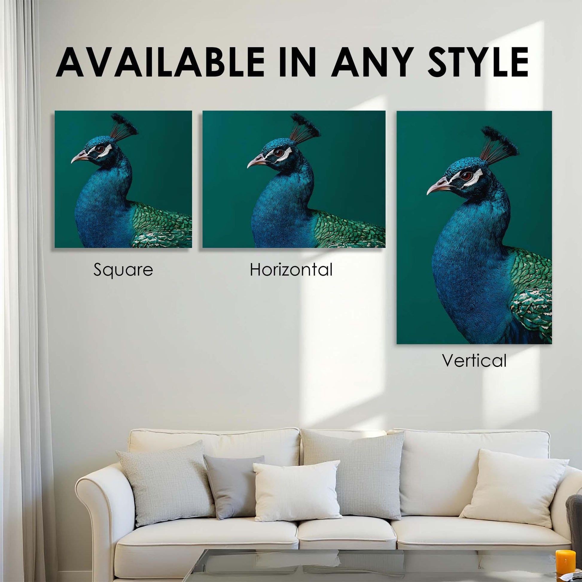 Three peacock artworks displayed on a wall above a sofa with text 'Available in any style'.