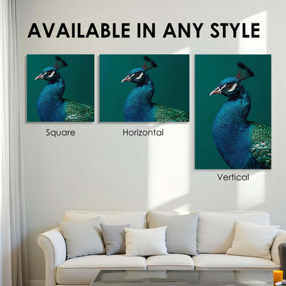 Three peacock artworks displayed on a wall above a sofa with text 'Available in any style'.