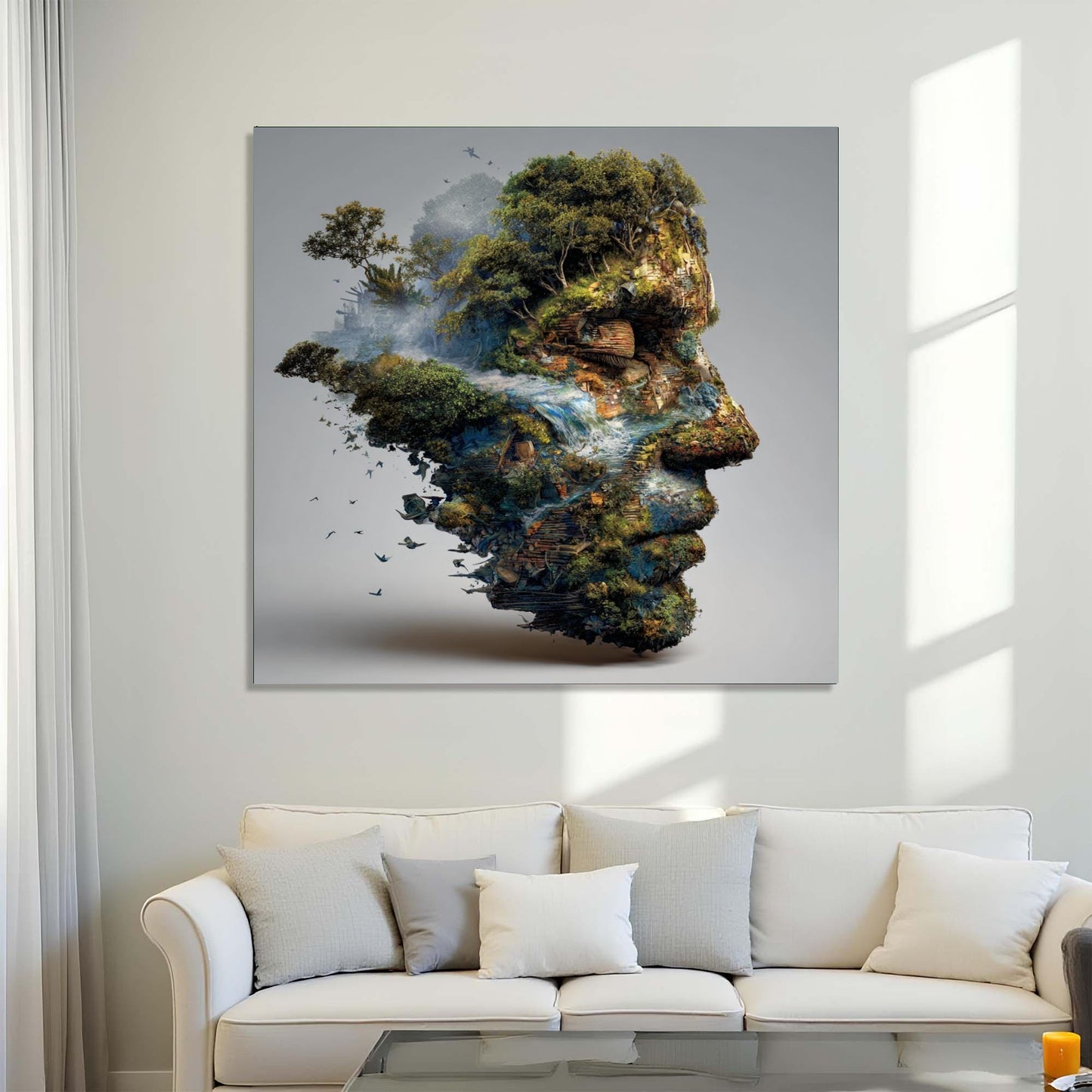 Abstract art of a face made of nature elements on a wall above a white sofa.