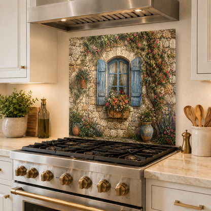 Durable and easy-to-clean rustic window glass backsplash mounted over existing tile in a renovated kitchen