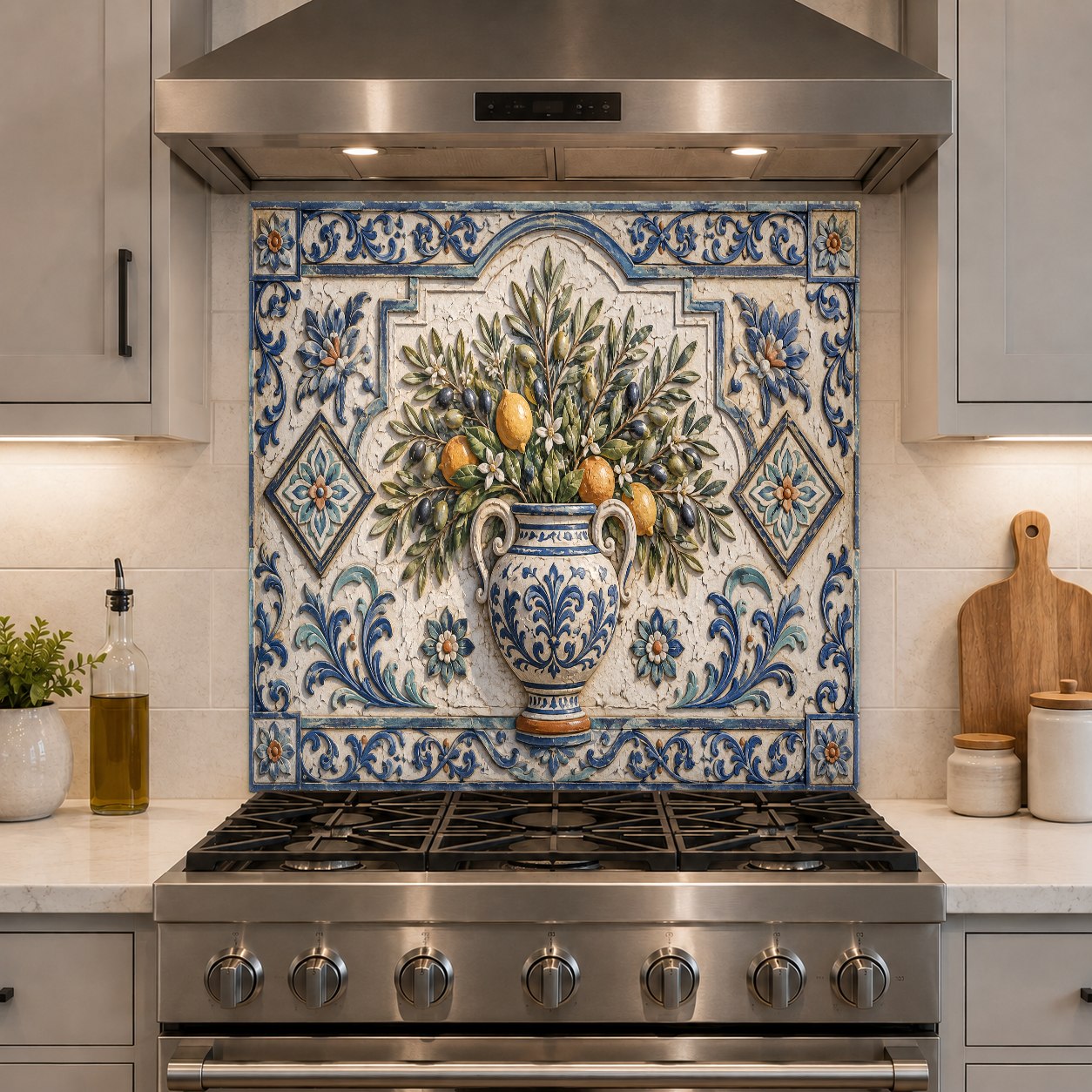 Lemon theme glass backsplash panel installed in a modern kitchen island bar area