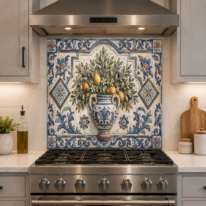 Lemon theme glass backsplash panel installed in a modern kitchen island bar area
