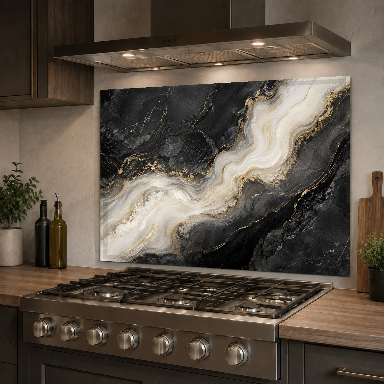 White marble style glass backsplash panel protecting the kitchen sink wall