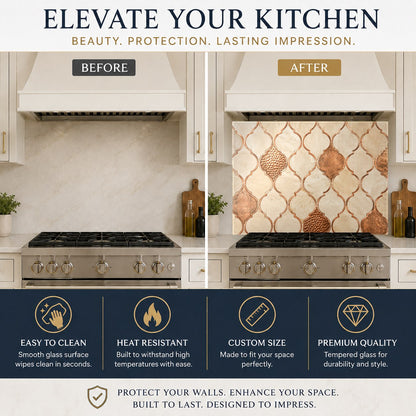 Elegant copper geometric kitchen glass panel mounted on the wall behind a stainless steel sink.