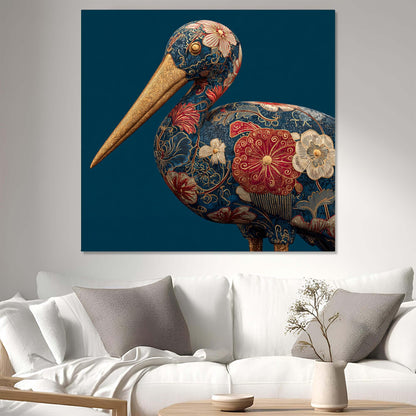 Decorative pelican painting with floral patterns on a blue background, hanging above a white sofa.